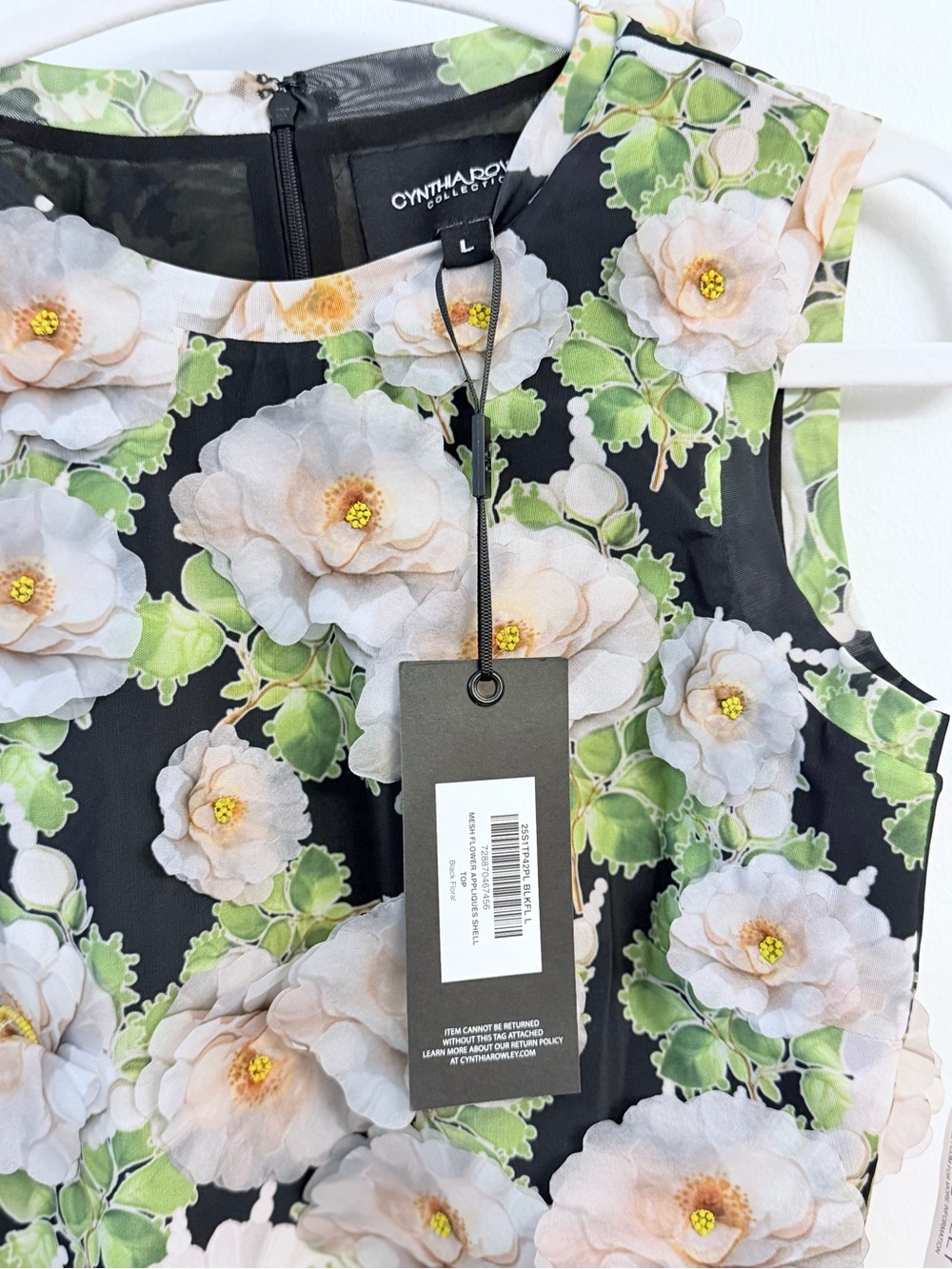 NWT $375 Cynthia Rowley Black 3D Floral Sleeveless Crop Top with White Blooms - Picture 4 of 6